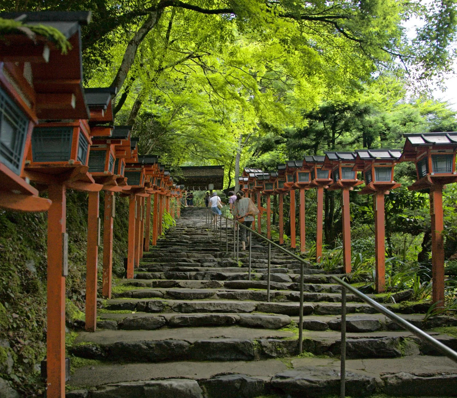 新緑の下、朱色の灯籠が両側に並ぶ京都の貴船神社の石段