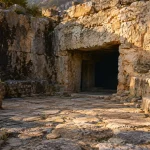 朝の光が石壁を照らす、古代の冥界の聖域を題材にした情景