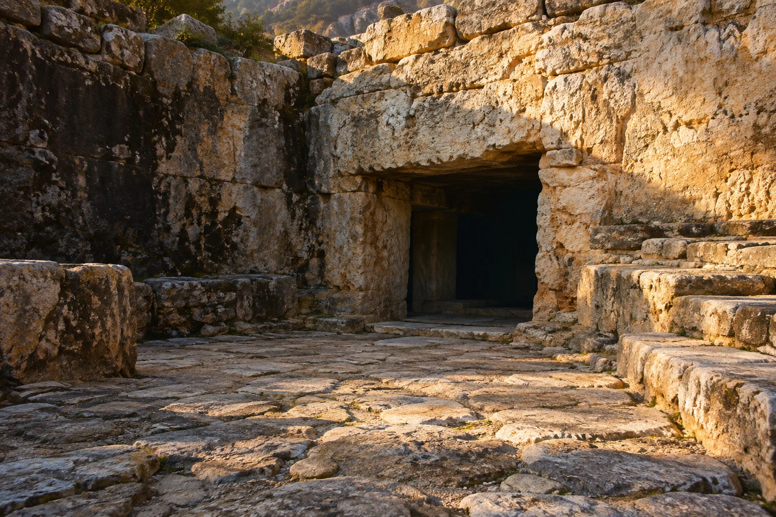 朝の光が石壁を照らす、古代の冥界の聖域を題材にした情景