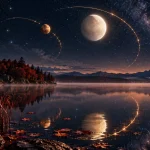 水星と金星の軌跡を秋の湖に重ねた、星のめぐりのイメージ