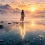 夜明けの湖で自分の光る反映と向き合う、内なる自己のイメージ