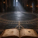 暗い石床の円と、その外にある三角形を描いた魔術書のイメージ