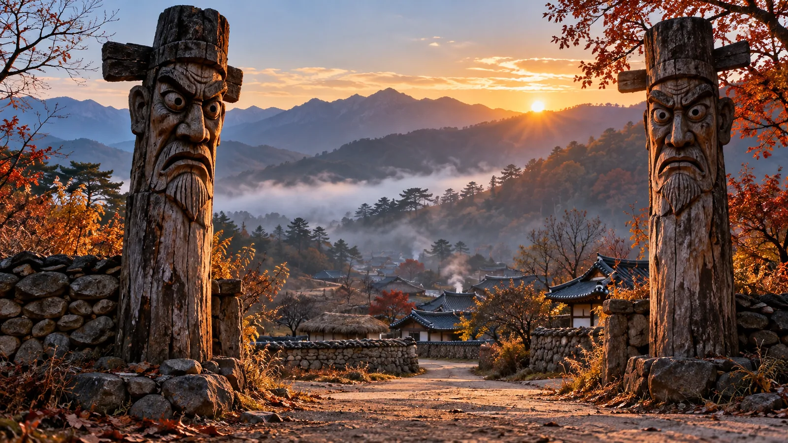 韓国の山村の入口に立つ二本の木彫りの守り神を描いた情景