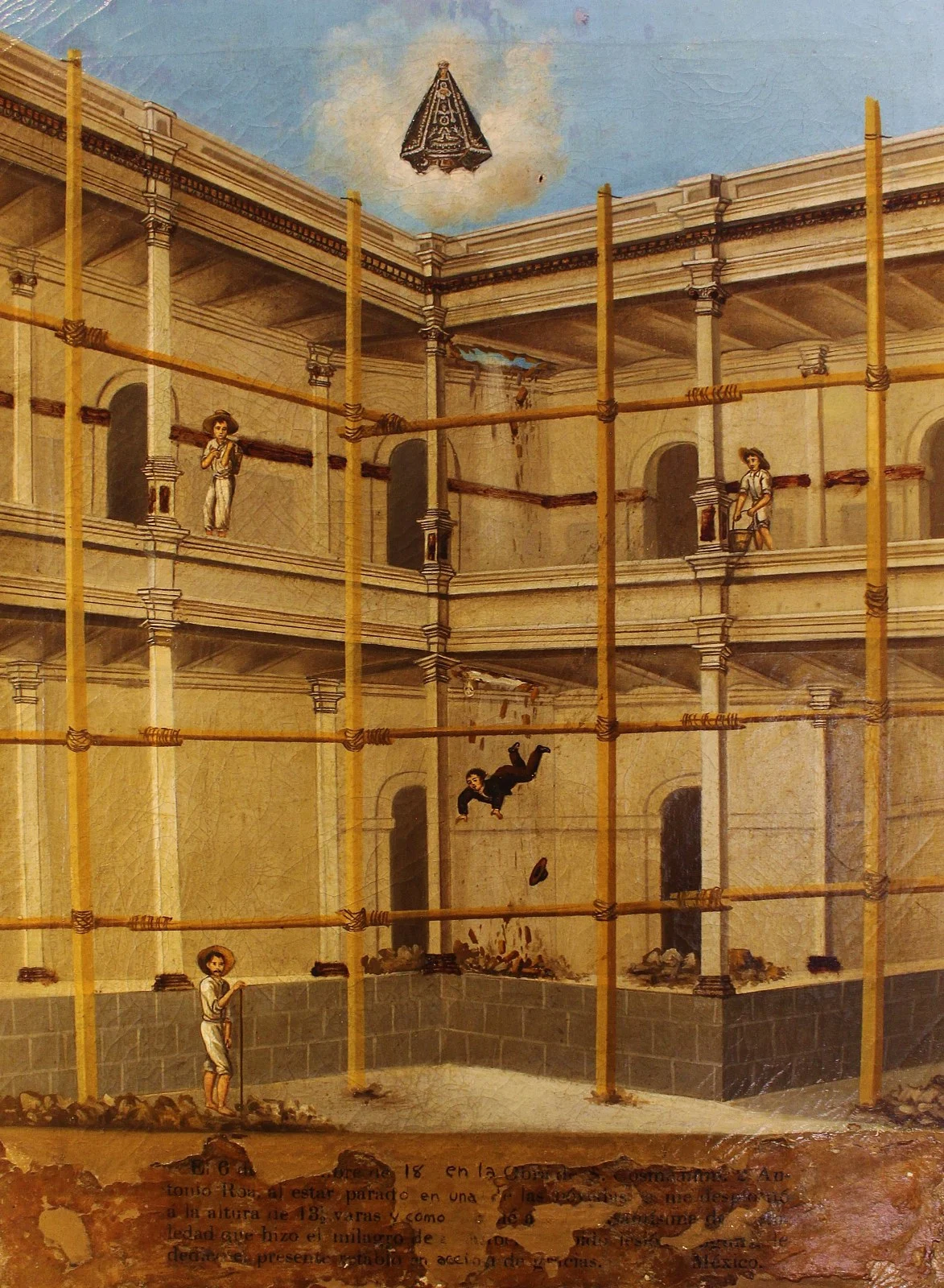 建物の高い足場から人が落ちる場面と、空に聖なる存在を描いた十九世紀メキシコの奉納画