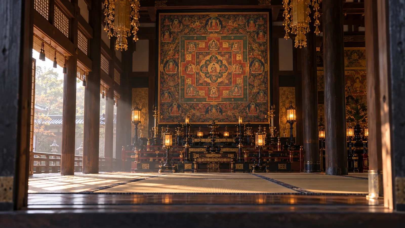 日本の古い寺院の堂内に色鮮やかな曼荼羅が掛けられた想像上の情景