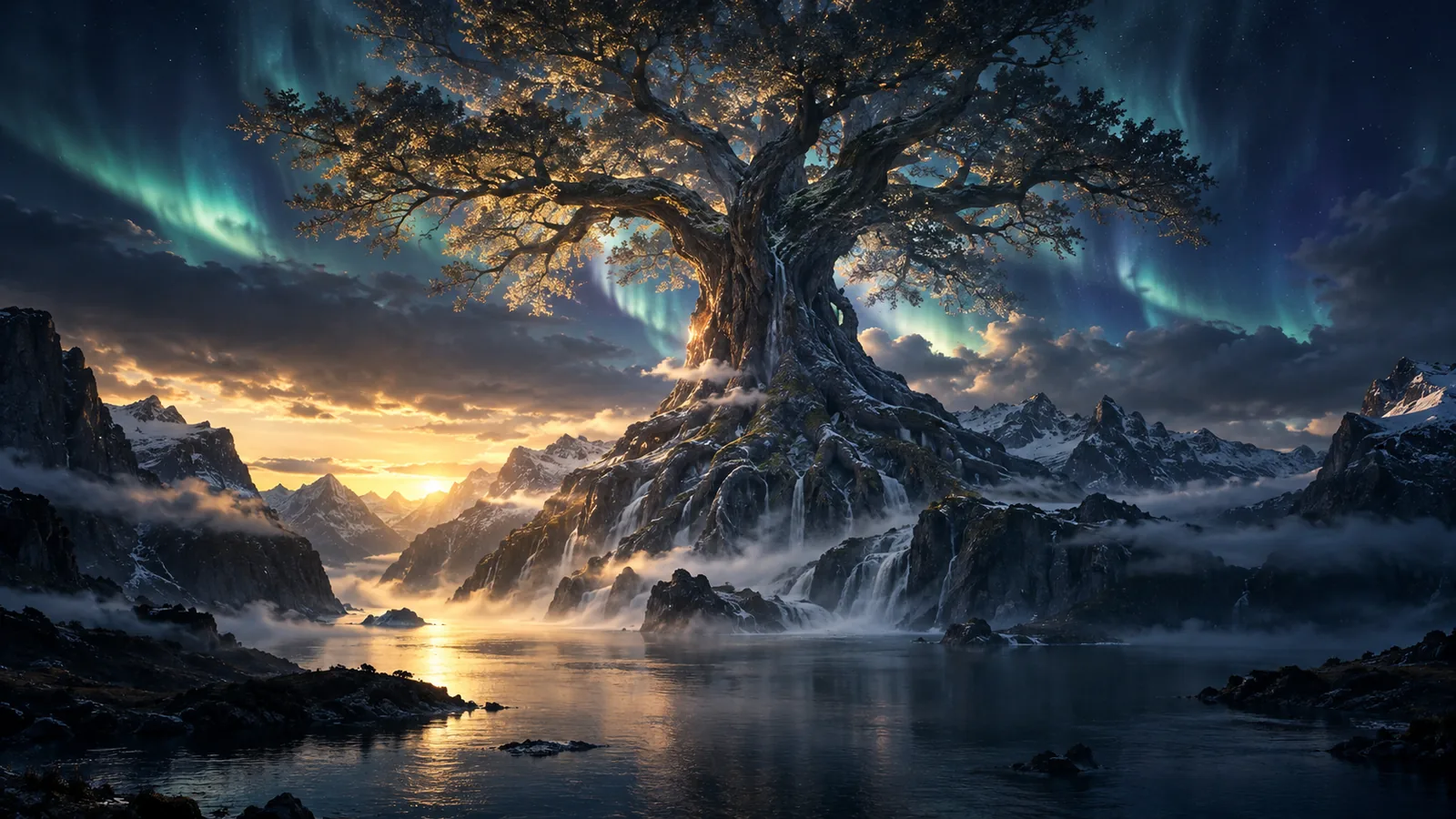 北欧の夜空とフィヨルドの上にそびえる巨大な世界樹を描いた情景